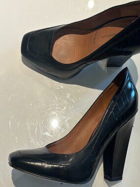 Sigerson Morrison Black Leather Croc Effect Chunky Heel - Size 9